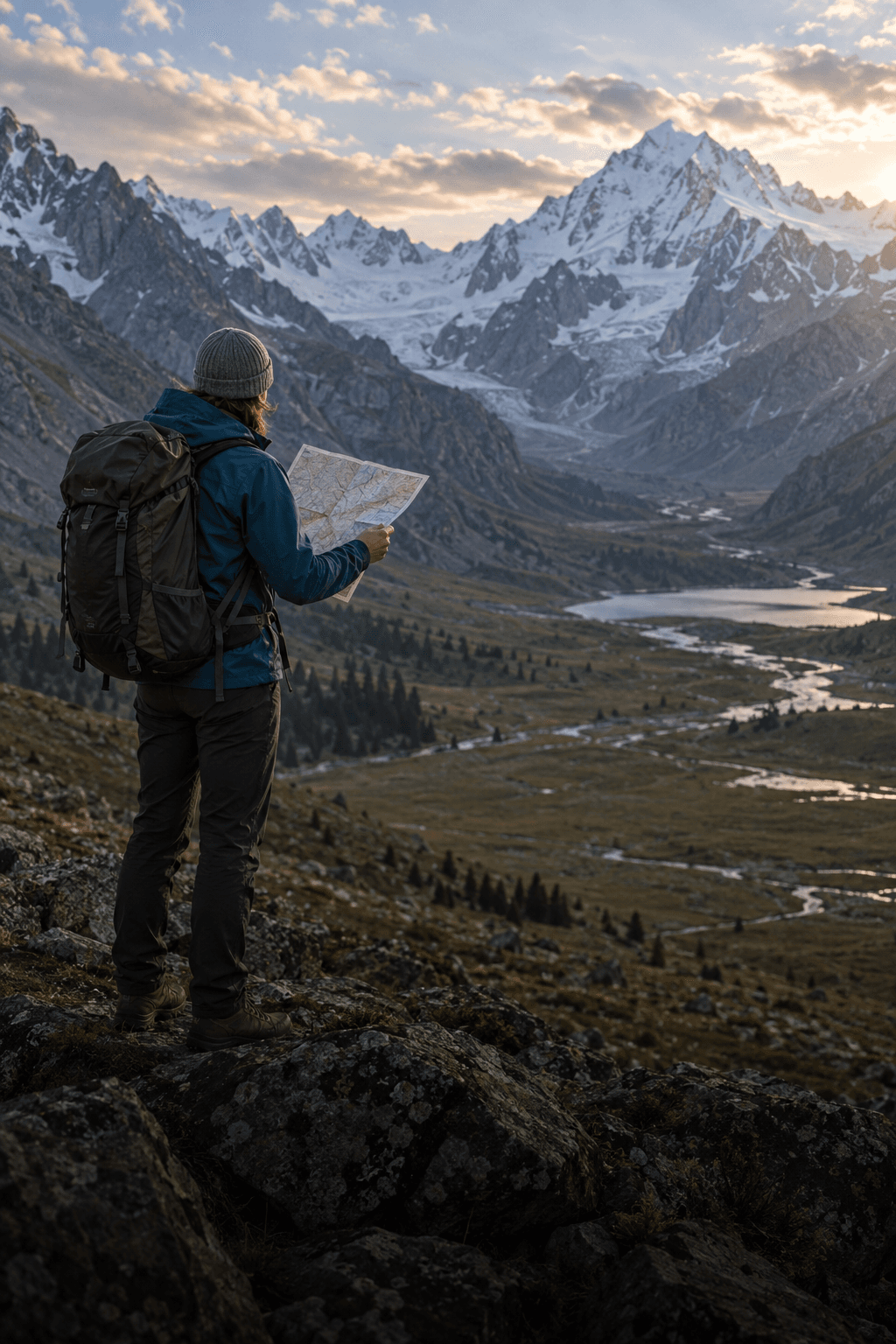 Traveller looking at a map in the mountains of Kyrgyzstan