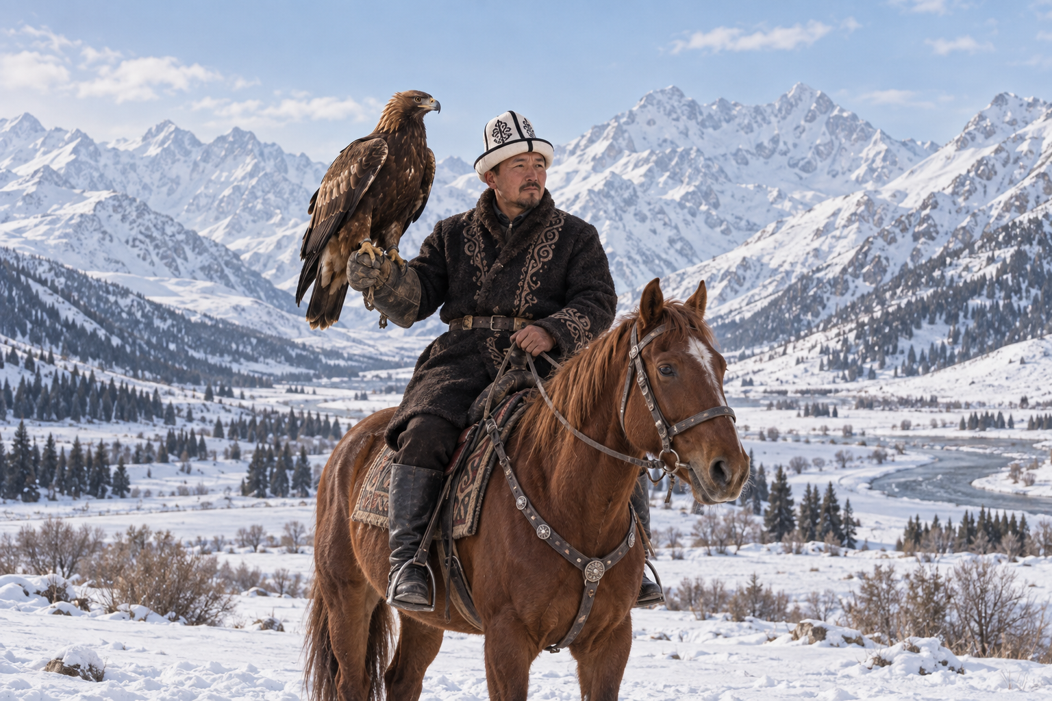 Golden eagle perched on the gloved hand of a mounted hunter in traditional Kyrgyz clothing against snowy mountains