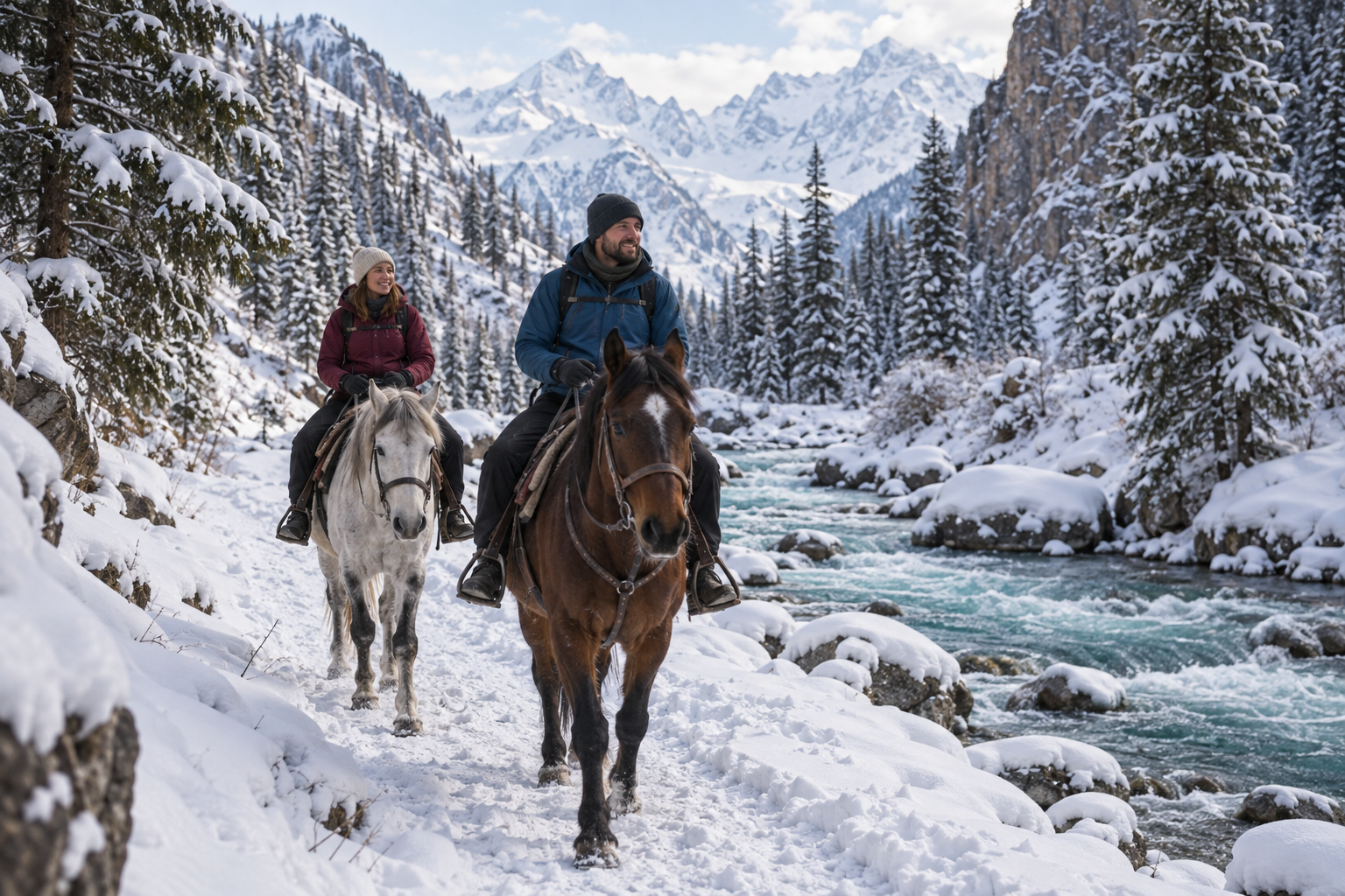 Riders beside a river in a winter gorge with snow-covered spruce trees
