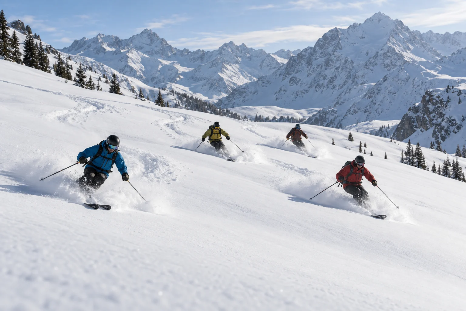 A group of four skiers descending together through fresh powder