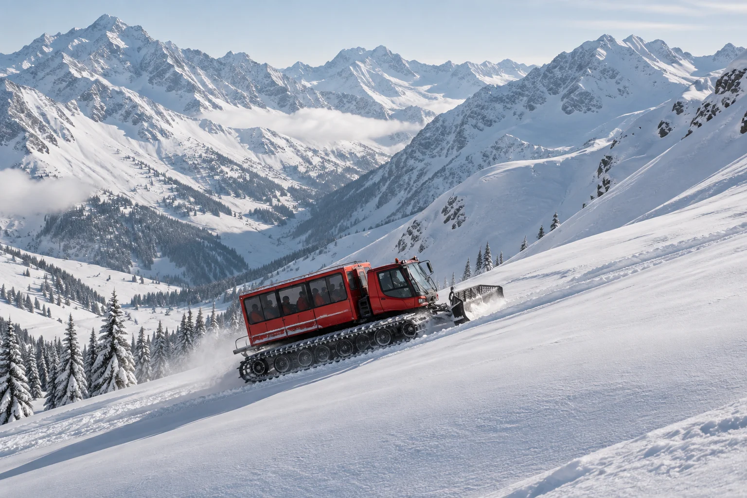 Red snowcat climbing a powder-covered mountain slope in the Tian Shan